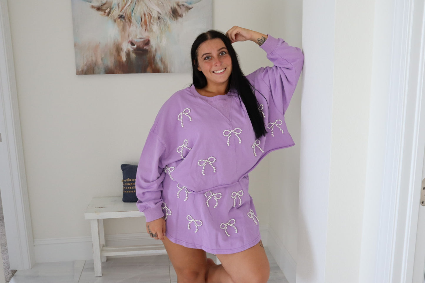 Pearl Bow Matching Skort and Sweatshirt Set
