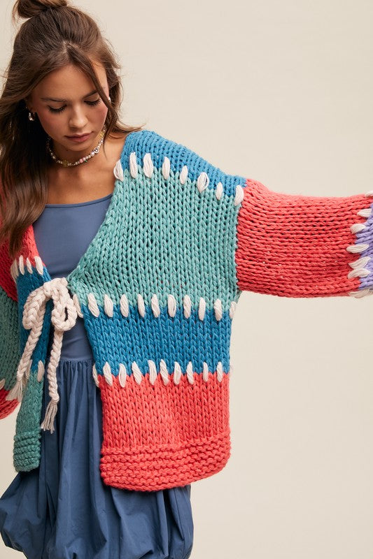 Crochet Color Block Tie Cardigan