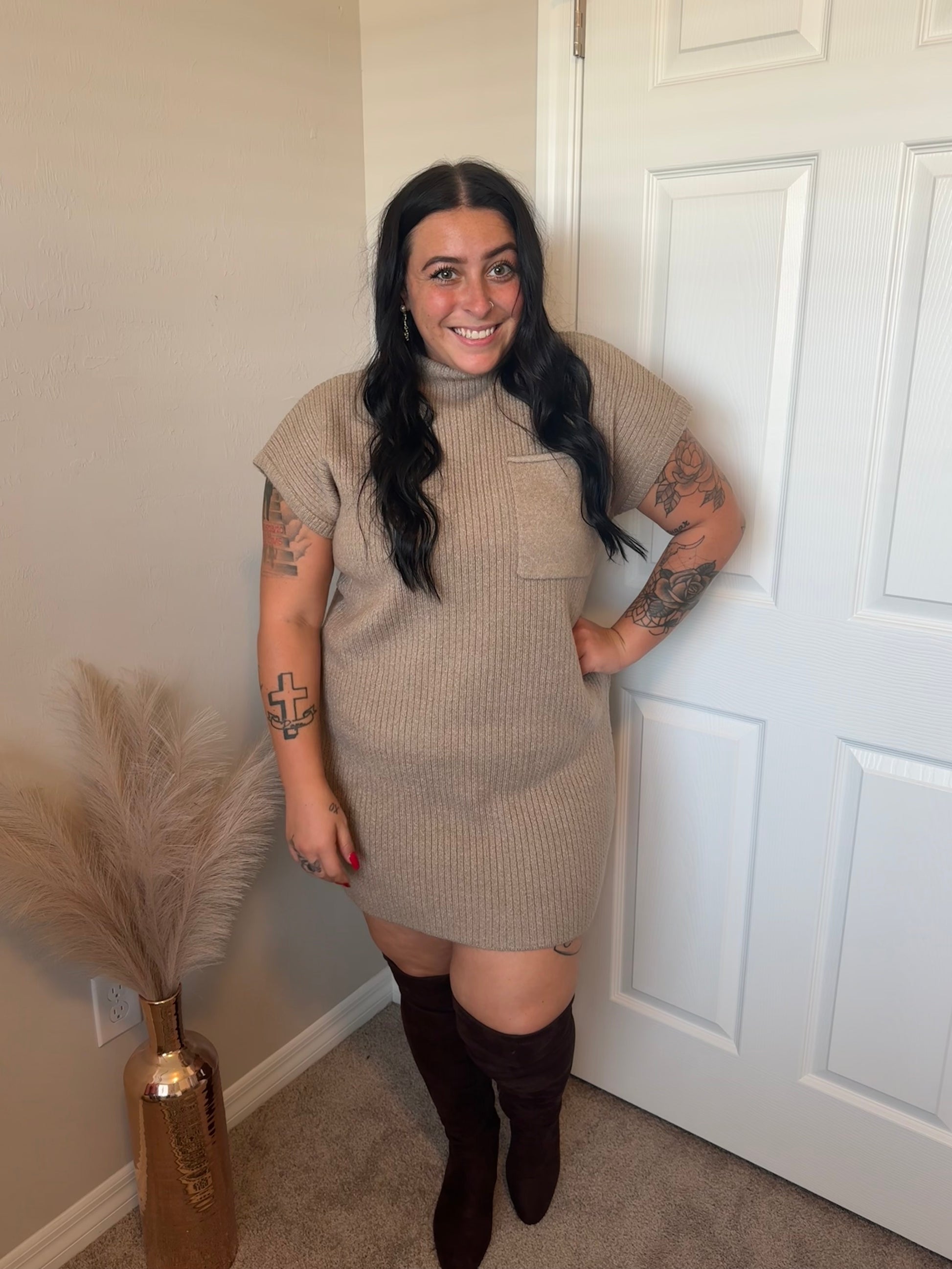 Mock Neck Sweater Dress- Mocha Coastal Collective Boutique Mock Neck Sweater Dress- Mocha Coastal Collective Boutique
