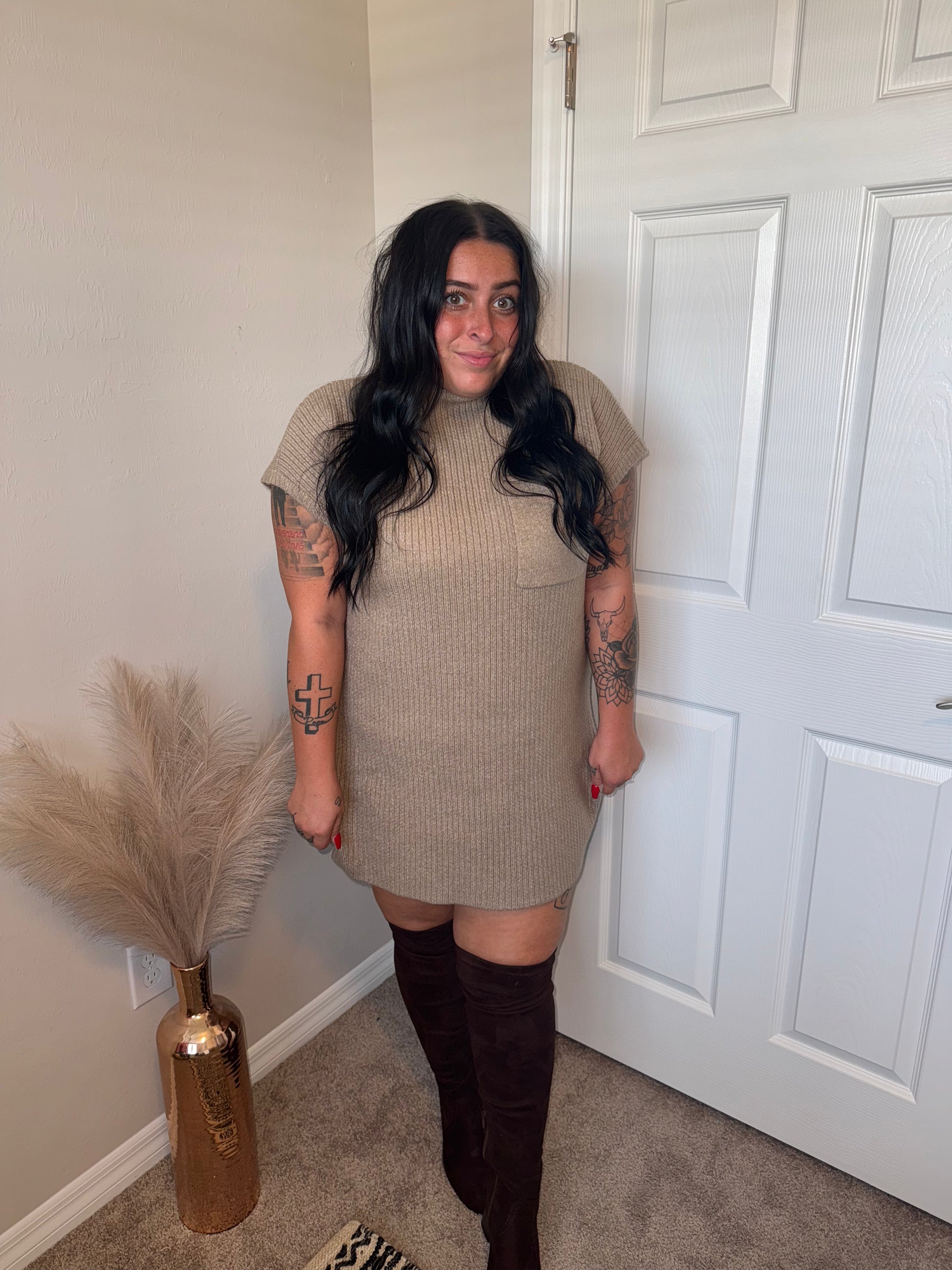 Mock Neck Sweater Dress- Mocha Coastal Collective Boutique Mock Neck Sweater Dress- Mocha Coastal Collective Boutique